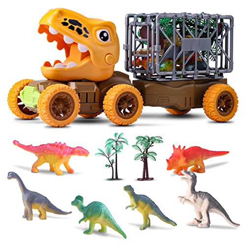 Oderra Dinosauri Camion Giocattolo Dinosauro Macchinine Trasportatore per Bambini Giochi con 6 mini dinosauri e 2 alberi, Regalo 3 4 5 6 anni bambino bambina