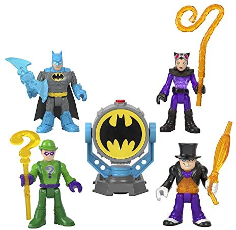 Fisher Price DC Super Friends Bat-Tech Bat-Segnale Multipack, Set di 4 Personaggi con Luci e Accessori, Giocattolo per Bambini 3+ Anni,