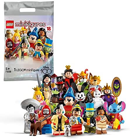 Lego Minifigures Disney 100 Anniversario, 1 di 18 Personaggi Iconici da Collezione, Bustina Misteriosa in Edizione Limitata con Topolino, Stitch, Mulan e altri (1 Pezzo a Caso) 71038