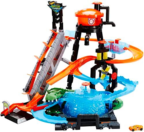 Hot Wheels Mega Autolavaggio Playset per Macchinine con Pista Selvaggia e Coccodrillo, Torre dell'Acqua, Vasca del Vortice, Un Veicolo Cambiacolore,