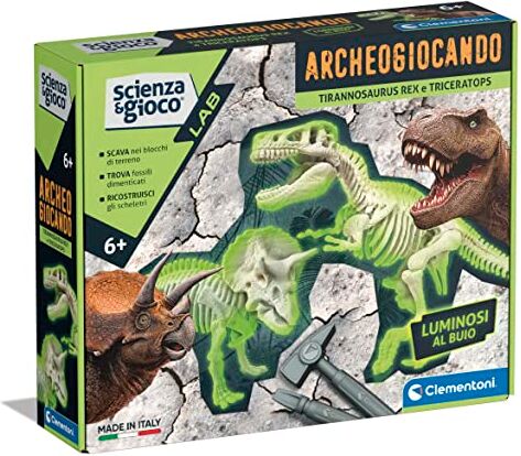 Clementoni - Scienza Lab-Archeogiocando-T-Rex e Triceratopo-Dinosauri, Fossili da Scavare e Assemblare, Kit Archeologo, Gioco Scientifico 7 Anni, in Italiano-Made in Italy, Colore,