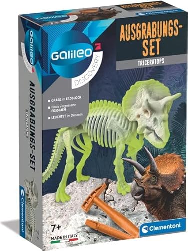 Clementoni Galileo Discovery – Kit scavatore Triceratops, giocattolo per bambini dai 7 anni in su, scavare fossiliani dinosauri con martello e scalpello,