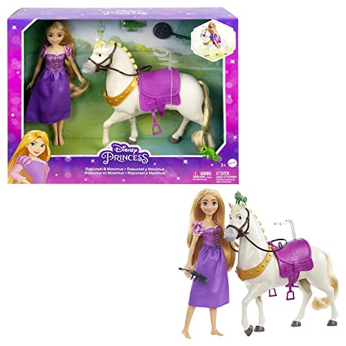 Mattel Disney Princess Rapunzel e Maximus, con Pascal, spazzola e accessori da equitazione, ispirati al film Disney, Giocattolo per Bambini 3+ Anni,
