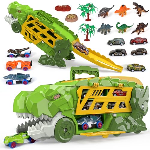 Aoskie Giocattolo dinosauro a partire da 3, 4, 5, 6 anni, 23 pezzi, con mini auto, figure di dinosauro e tappetino da gioco, ideale come regalo per compleanno, feste, festa dei bambini