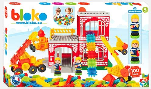 BLOKO – Grande scatola caserma vigili del fuoco 100 pezzi + 2 figure 3D – da 12 mesi – facile da maneggiare – Giocattolo bambino 1 anno e più – Made in Europe –