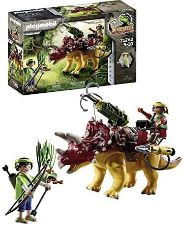 Playmobil Dino Rise  Triceratopo, dinosauro con armatura removibile, sellino speciale per il personaggio, giocattolo per bambini dai 5 anni in su