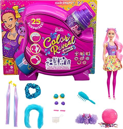 Barbie - Color Reveal Glitter, Bambola con Glitter Viola con 25 Sorprese e Tanti Accessori per Acconciature Capelli e a Tema Festa, Giocattolo per Bambini 3+Anni, HBG41