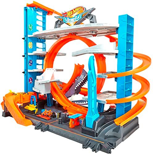 Hot Wheels City Garage delle Acrobazie, Playset con Pista Collegabile, Con Ascensore e Squalo, Spazio per +90 Macchinine, Regalo Bambini 5+ Anni,