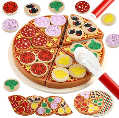 Feelhap Pizza In Legno Bambini,Gioco di Legno Cibo Giocattolo per Bambini Giochi di Ruolo, Accessori Cucina Giocattolo da Educativi Montessori Regali per Bambino e Bambina 3+ anni