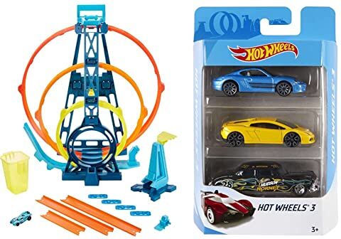 Hot Wheels - Track Builder, Playset Pista Triplo Loop, con Macchinina, Giocattolo per Bambini 4+ Anni, GYP65, Imballaggio Sostenibile & 3 macchinine assortite