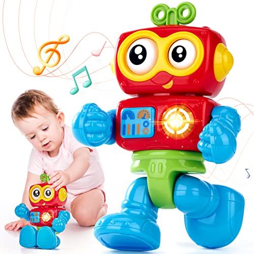 hahaland Gioco Bambino 1 Anno Piccolo Robot con Arti Rotanti Liberi, con Musica e Luci, Giocattolo per Bambini 8 9 12 Mesi Regalo