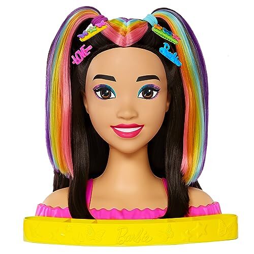 Barbie Super Chioma Hairstyle Capelli Arcobaleno, testa pettinabile con capelli neri lisci e ciocche arcobaleno fluo da acconciare, con accessori Color Reveal, giocattolo per bambini, 3+ anni,