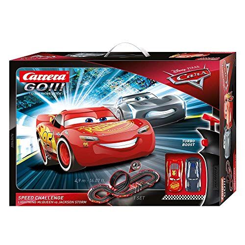 Carrera Toys GO!!! Disney Pixar Cars Speed Challenge Set Pista da Scontro e Due Macchinine con Saetta Mcqueen e Jackson Storm, Gioco Adatto per Bambini dai 6 Anni, Multicolore,