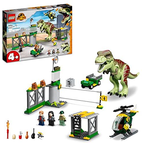 Lego Jurassic World La Fuga del T. rex, Set con Eliporto, Garage, Veicolo, Elicottero, Dinosauro Giocattolo e 3 Minifigure, Giochi per Bambini e Bambine da 4 anni in su, Fan dei Dino