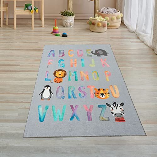 Teppich-Traum Tappeto Gioco per Bambini con Lettere dell'Alfabeto ABC in colori vivaci grigio, 80 x 150 cm