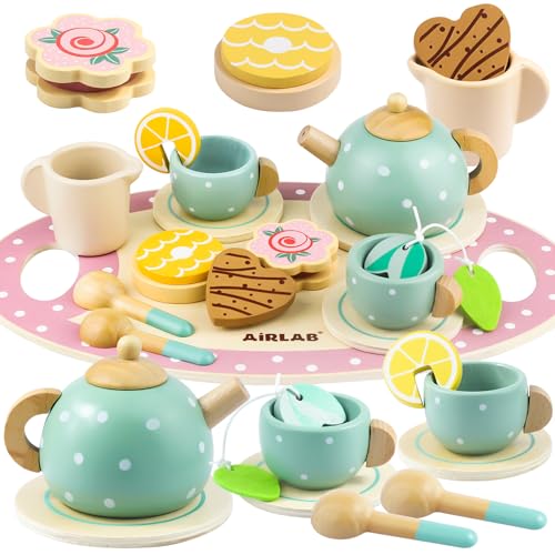 Airlab Set da Tè di Legno per Bambini, Cucina Giocattolo da Torta Dessert Educativi Montessori, Gioco di Ruolo, Regalo Compleanno Pasqua Halloween Natale per Ragazzi Ragazze oltre 3 4 5 Anni