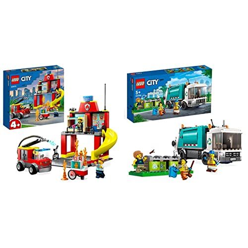 Lego 60375 City Fire Caserma dei Pompieri e Autopompa con Camion Giocattolo dei Vigili del Fuoco & 60386 City Camion per il Riciclaggio dei Rifiuti, Camioncino Giocattolo