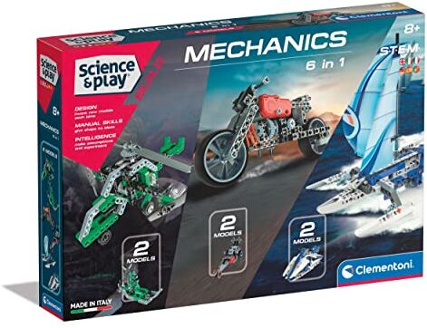 Clementoni - Science & Play Build-Mechanics 6 in 1-Set Costruzioni per Bambini, 6 modellini da Costruire , Moto, elicotteri e Navi, Gioco scientifico 8 Anni, Esclusivo Amazon