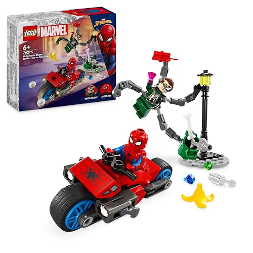 Lego Marvel Inseguimento Sulla Moto: Spider-Man vs. Doc Ock, Motocicletta Giocattolo da Costruire per Bambini e Bambine da 6 Anni in su con Shooter e Spara Ragnatele, Idea Regalo di Compleanno