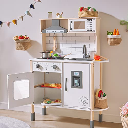 Tiny Land Cucina Giocattolo Per Bambini con 18 accessori per cibo e pentole giocattolo Set da gioco Set da gioco per chef in legno per bambini con luci e suoni reali