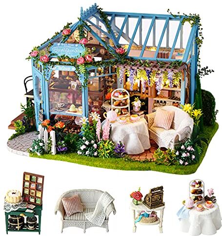 CUTEROOM Kit di mobili in legno mini casa delle bambole fai-da-te, casa da tè del giardino di rose casetta fatta a mano capanna del cottage con carillon per assemblare giocattoli regali di compleanno