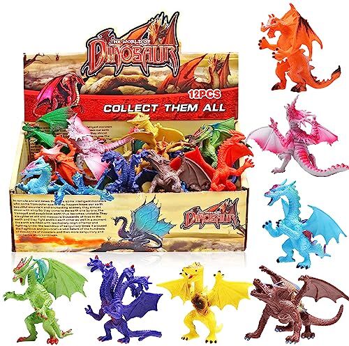 YeoNational&Toys Giocattoli Drago, 12 Pezzi Assortiti Figure Drago Realistiche, 4 Pollici Mini Drago Set con Scatola di Regalo