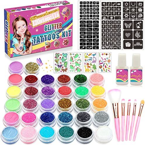 Generic Set di tatuaggi glitterati 32 colori, kit di trucco temporaneo per arte glitterata del corpo, kit di trucco artistico per adulti e bambini