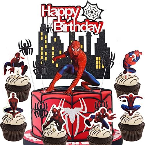 Drookaen Spiderman Decorazione per torta, Happy Birthday, decorazione per torta di compleanno, supereroi per la scuola