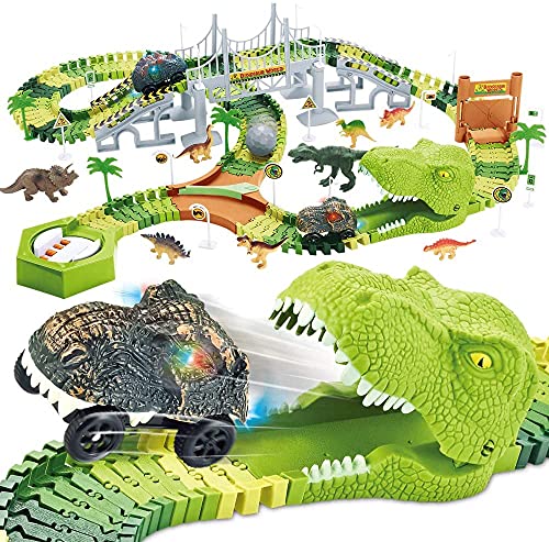 Mini Tudou 174 Pezzi Giocattoli Dinosauro Pista da Corsa, Binari del Treno Flessibili con 8 Figure di Dinosauri, 2 auto Elettriche, con Luci, migliori regali per bambini piccoli