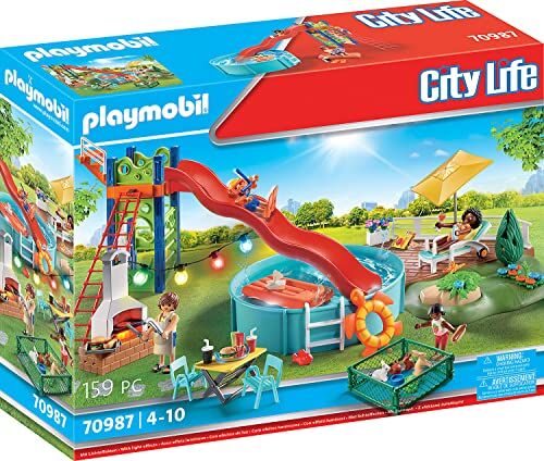 Playmobil City Life  Festa in Piscina con Scivolo, Con Effetto Luce, Giocattoli per Bambini dai 4 Anni