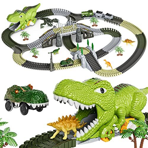 TUMAMA Dinosauro Giocattolo Pista da Corsa,281 Pezzi Dinosauro Treno Giocattoli Regalo per Bambini di 3 4 5 6 Anni,Flessibile Binari del Treno con 4 Dinosauri,2 Elettrico Auto da Corsa con Luci