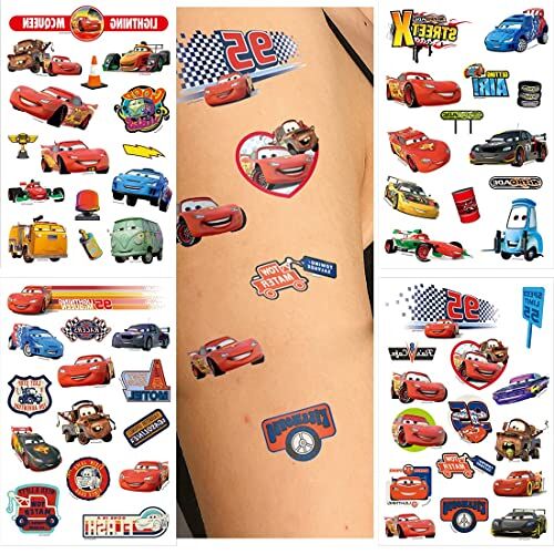 FRESHOER McQueen Car Tatuaggi temporanei per bambini, McQueen Car Racing Tattoo Stickers Set Party Favor Tattoo Sticker (4 fogli)