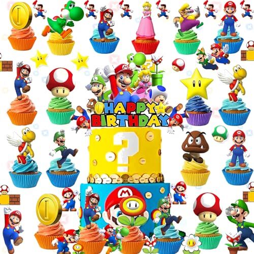 Benaton 25 Pezzi Decorazioni Cupcake Super Mario, Decorazioni Torta Compleanno Super Mario, Mario Figures Cake Topper, 1 Pezzi Decorazione di Buon Compleanno, Adatta a Bambini, Festa di Compleanno