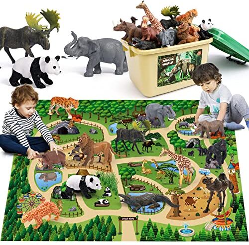 FRUSE Animali Giocattolo per Bambini con 145x98cm Grande Tappeto da Gioco,12 Pezzi Giocattoli Animali Set di Giochi di Giocattoli con Leone,Elefante,Educativo Regalo per Ragazzo Ragazza