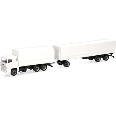 Herpa modello camion Scania 141 autotreno telonato, bianco, miniatura in scala 1:87, oggetto da collezione, Made in Germany, plastica Herpa modello camion Scania 141 autotreno telonato, bianco, miniatura in scala 1:87, oggetto da collezione, Made in Germany, plastica