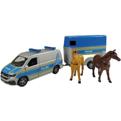 Kids Globe VW Transporter Polizia con rimorchio per cavalli Die Cast Pull Back 28 cm, giocattolo per bambini, Kids Globe VW Transporter Polizia con rimorchio per cavalli Die Cast Pull Back 28 cm, giocattolo per bambini,