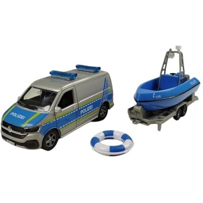 Kids Globe VW Transporter Polizia con barca DE Die Cast Pull Back 29 cm, giocattolo per bambini, , blu Kids Globe VW Transporter Polizia con barca DE Die Cast Pull Back 29 cm, giocattolo per bambini, , blu