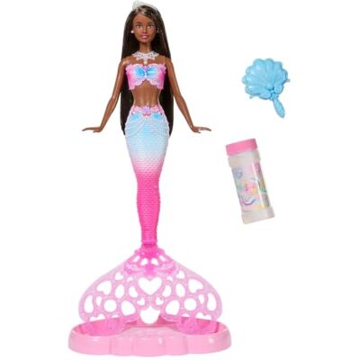 Barbie Sirenetta Bolle di Sapone, bambola dai lunghi capelli castani con ciocca colorata e pinna attivabile per creare le bolle, accessori vassoio e spazzola inclusi, Barbie Sirenetta Bolle di Sapone, bambola dai lunghi capelli castani con ciocca colorata e pinna attivabile per creare le bolle, accessori vassoio e spazzola inclusi,