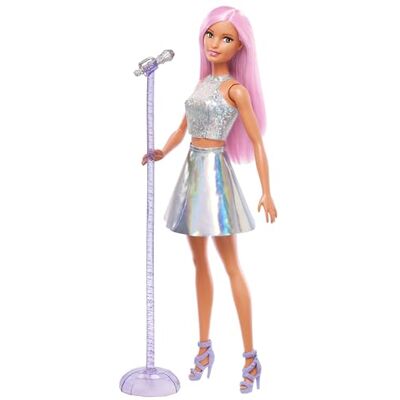 Barbie Carriere Pop Star, bambola con top argentato e gonna irridescente, lunghi capelli rosa e scarpe viola, accessorio microfono incluso, giocattolo per bambini, 3+ anni, Barbie Carriere Pop Star, bambola con top argentato e gonna irridescente, lunghi capelli rosa e scarpe viola, accessorio microfono incluso, giocattolo per bambini, 3+ anni,