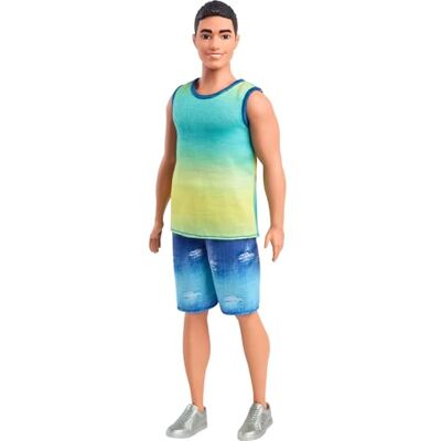 Barbie Ken Fashionistas n. 236, bambola con capelli neri, canotta blu e verde sfumata, shorts in jeans e sneaker argento, giocattolo per bambini, 3+ anni, Barbie Ken Fashionistas n. 236, bambola con capelli neri, canotta blu e verde sfumata, shorts in jeans e sneaker argento, giocattolo per bambini, 3+ anni,