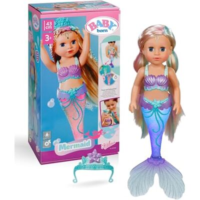 BABY born Sirena Bambola di 43 cm Capelli di alta qualità con ciocche colorate Coda luminosa Funziona a batteria Adatta a bambini dai 3 anni in su BABY born Sirena Bambola di 43 cm Capelli di alta qualità con ciocche colorate Coda luminosa Funziona a batteria Adatta a bambini dai 3 anni in su