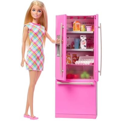 Barbie Set Cucina con Frigorifero, bambola bionda con 10 accessori a tema cibo e spesa, foglio di sticker incluso per personalizzare il playset, 3+ anni, Barbie Set Cucina con Frigorifero, bambola bionda con 10 accessori a tema cibo e spesa, foglio di sticker incluso per personalizzare il playset, 3+ anni,