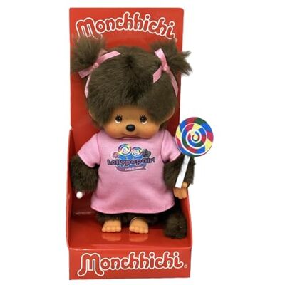 Sekiguchi Monchhichi Originale con Vestito Rosa e Lecca-Lecca colorato, Peluche Alto Circa 20 cm in Peluche Marrone Sekiguchi Monchhichi Originale con Vestito Rosa e Lecca-Lecca colorato, Peluche Alto Circa 20 cm in Peluche Marrone