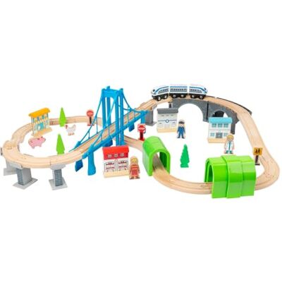 small foot Ferrovia in Legno Costruzione di Un Ponte, Legno, con Ponte sospeso e gallerie, Mondo di Gioco su Due Livelli small foot Ferrovia in Legno Costruzione di Un Ponte, Legno, con Ponte sospeso e gallerie, Mondo di Gioco su Due Livelli