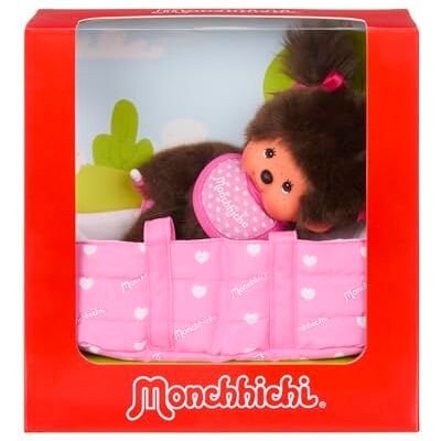 Sekiguchi Monchhichi Originale con Bavaglino e Lettino a Cuore Rosa, Peluche Alto Circa 20 cm in Peluche Marrone Sekiguchi Monchhichi Originale con Bavaglino e Lettino a Cuore Rosa, Peluche Alto Circa 20 cm in Peluche Marrone