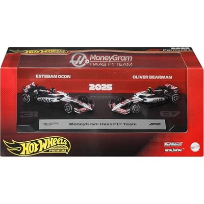 Hot Wheels Premium Formula 1 Team MoneyGram Haas F1, 2 macchinine con pneumatici reali e le coppie di piloti della stagione 2025, n.31 Esteban Ocon e n.87 Oliver Bearman, 14+ anni, Hot Wheels Premium Formula 1 Team MoneyGram Haas F1, 2 macchinine con pneumatici reali e le coppie di piloti della stagione 2025, n.31 Esteban Ocon e n.87 Oliver Bearman, 14+ anni,