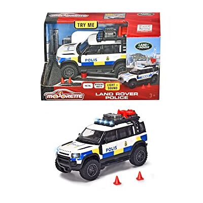 Majorette Grand Series Land Rover Auto della polizia svedese Land Rover Modello svedese della polizia con ruota libera, metallo, luce, suono, porta posteriore apribile, pneumatici Majorette Grand Series Land Rover Auto della polizia svedese Land Rover Modello svedese della polizia con ruota libera, metallo, luce, suono, porta posteriore apribile, pneumatici