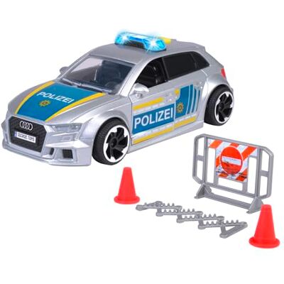 Dickie Toys Audi RS3 – 15 cm auto della polizia con blocco stradale e pilone, luce e suono, azionamento frizione, per bambini dai 3 anni in su Dickie Toys Audi RS3 – 15 cm auto della polizia con blocco stradale e pilone, luce e suono, azionamento frizione, per bambini dai 3 anni in su