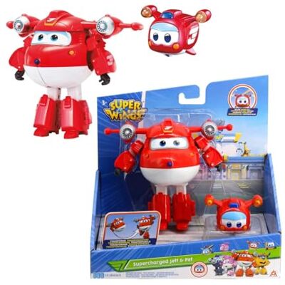 Super Wings Supercharged Jett & Mini Super Pet Jett, Transformer Toys for 3+ Year Old Boy Girl, Red Super Wings Supercharged Jett & Mini Super Pet Jett, Transformer Toys for 3+ Year Old Boy Girl, Red