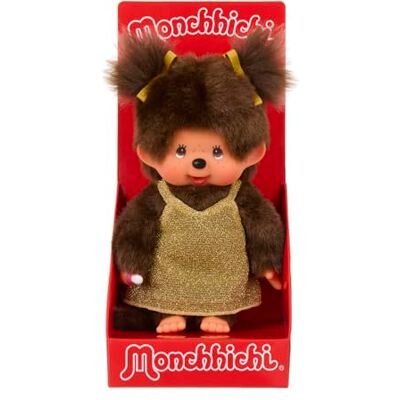 Sekiguchi Originale Bambina Monchhichi con Vestito Glitterato Dorato, Peluche Alto Circa 20 cm in Peluche Marrone Sekiguchi Originale Bambina Monchhichi con Vestito Glitterato Dorato, Peluche Alto Circa 20 cm in Peluche Marrone